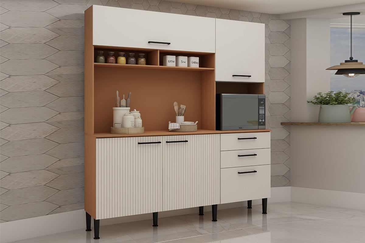 Cozinha Compacta Genialflex Fiori c/4 Portas (2 Ripadas) 3 Nichos e 3 Gavetas 180cm