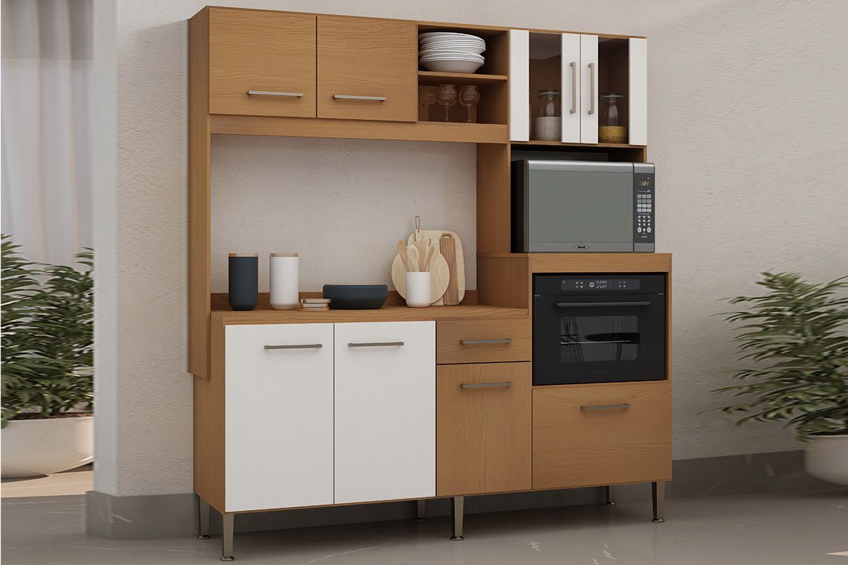 Cozinha Compacta Genialflex Helena c/8 Portas (2 c/Vidro) 4 Nichos e 1 Gaveta 186cm Freijo/White Laca