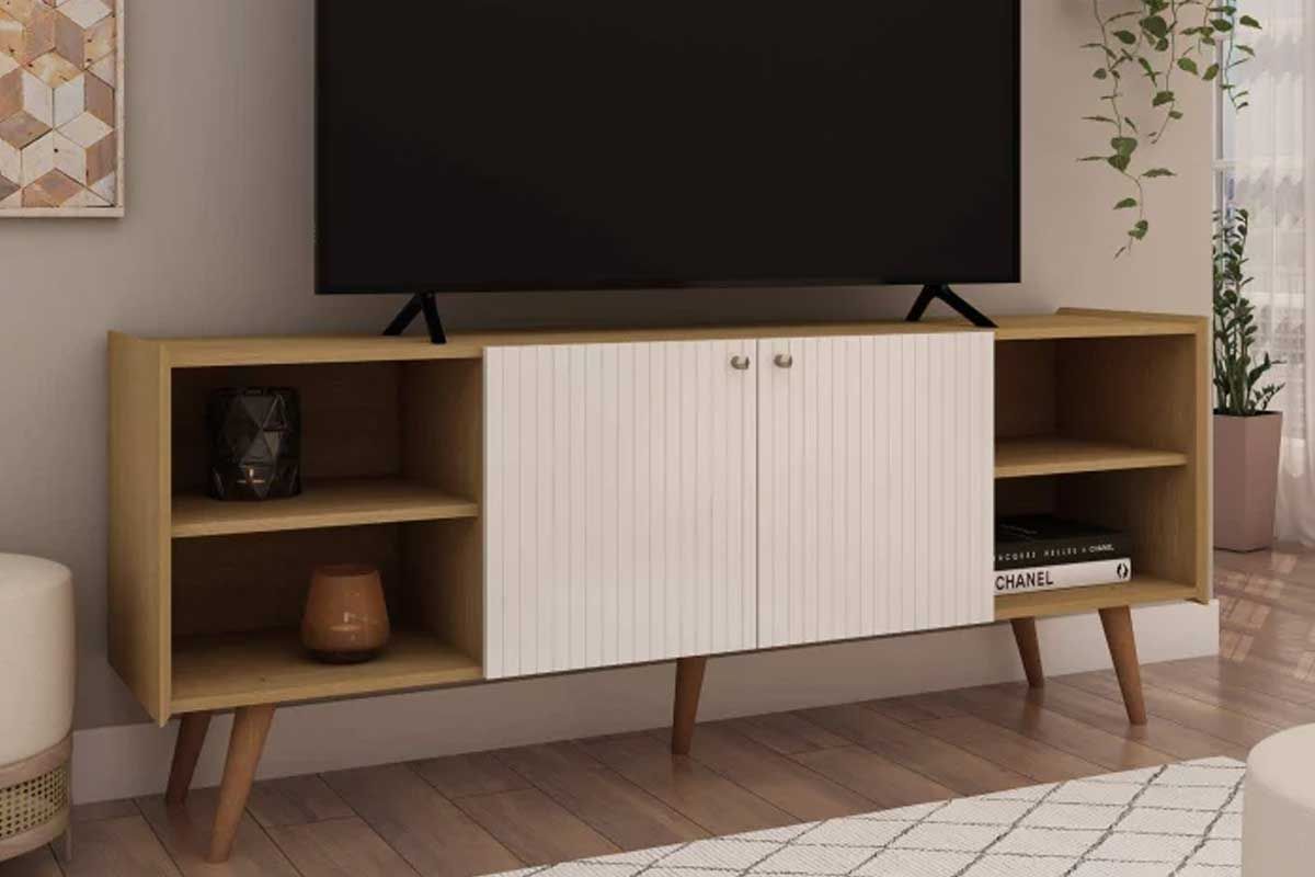 Rack Bancada p/ TV até 50 Pol Vértice c/2 Portas Frisadas e 4 Nichos 160cm Genialflex