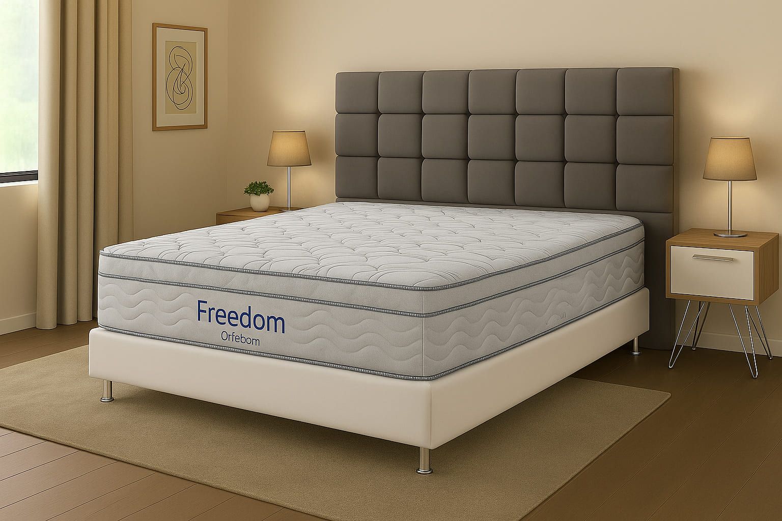 Cama Box Casal CRC+Colchão Freedom Ortobom+Cabeceira Piave