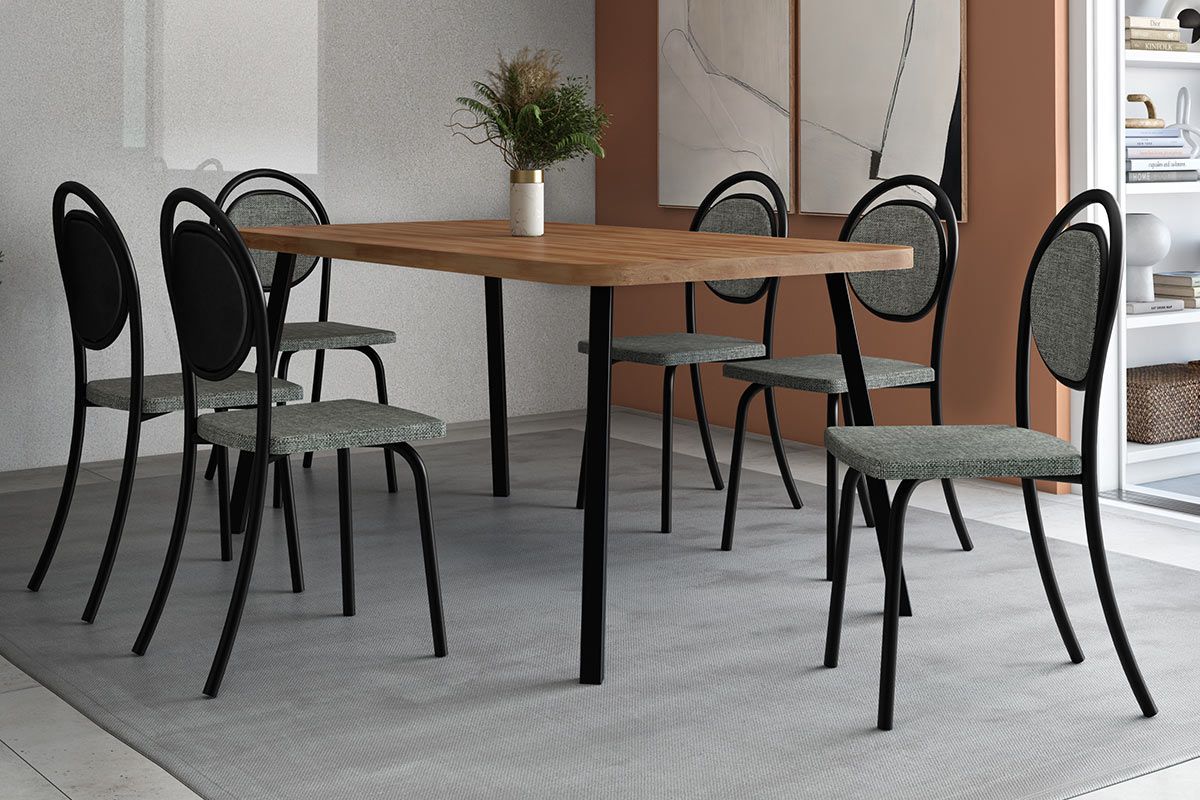 Sala Jantar Mesa Stellar 1597 Aço c/ Tampo Madeirado 160x90cm e 6 Cadeiras 1738 - Carraro