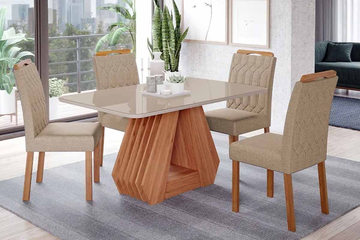 Sala Jantar Mesa Ágata Tampo Madeirado c/ Vidro 130x80cm e 4 Cadeiras Paola - Cimol