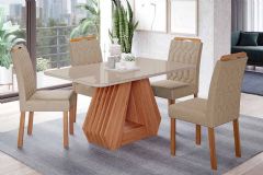 Sala Jantar Mesa Ágata Tampo Madeirado c/ Vidro 130x80cm e 4 Cadeiras Paola - Cimol