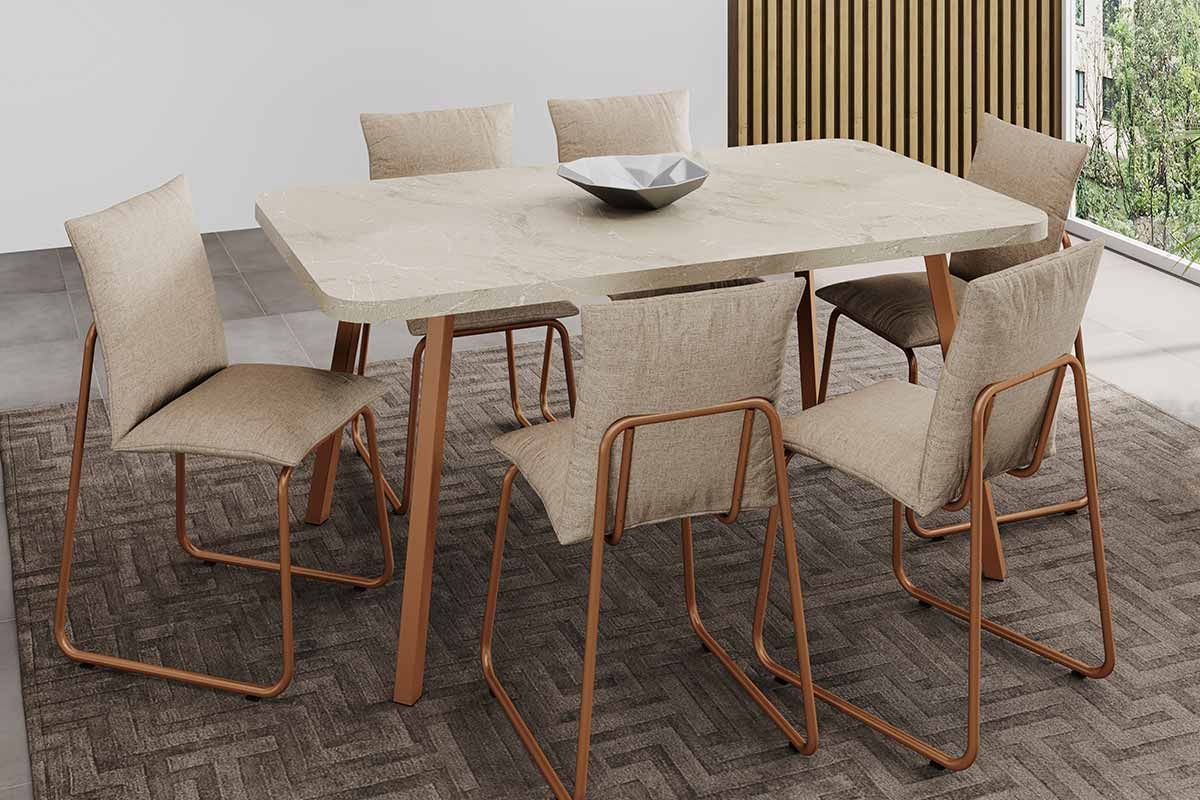 Sala Jantar Mesa Stellar 1597 Aço c/ Tampo Madeirado 160x90cm e 6 Cadeiras Soft - Carraro