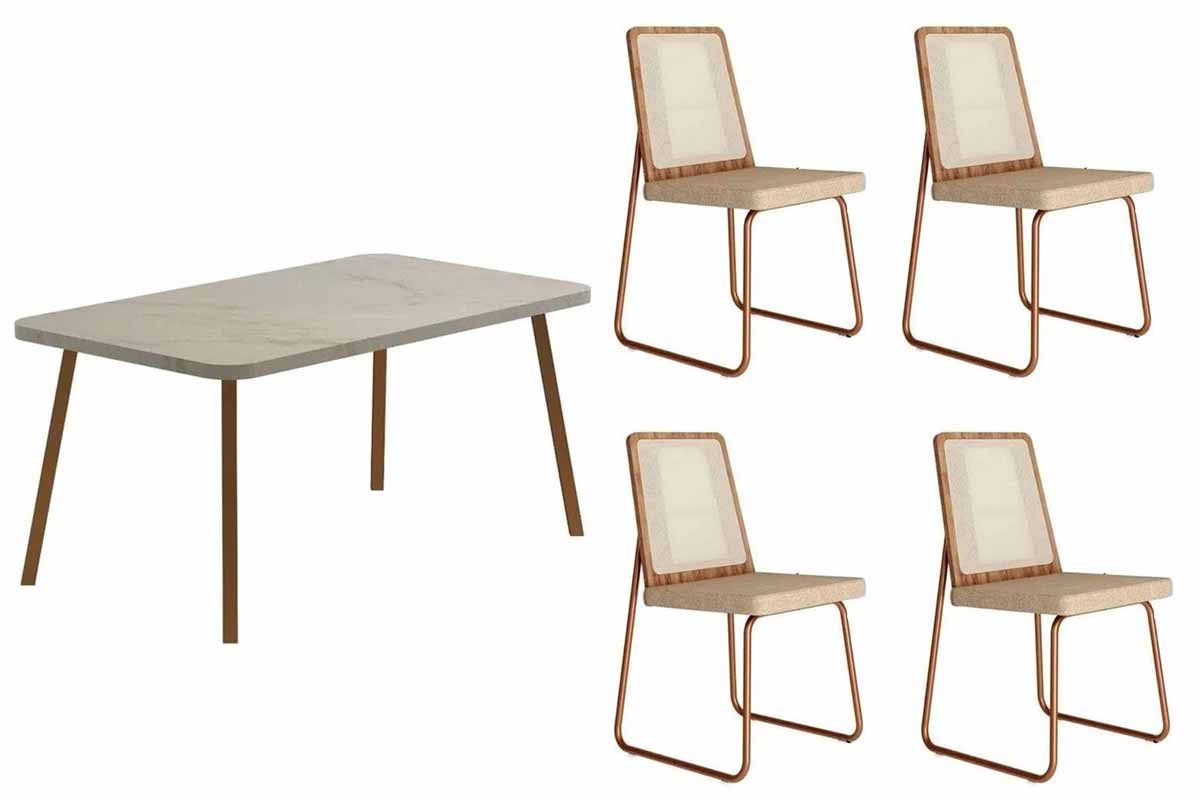 Sala Jantar Mesa Stellar 1598 Aço c/ Tampo Madeirado 120x80cm e 4 Cadeiras Wood - Carraro