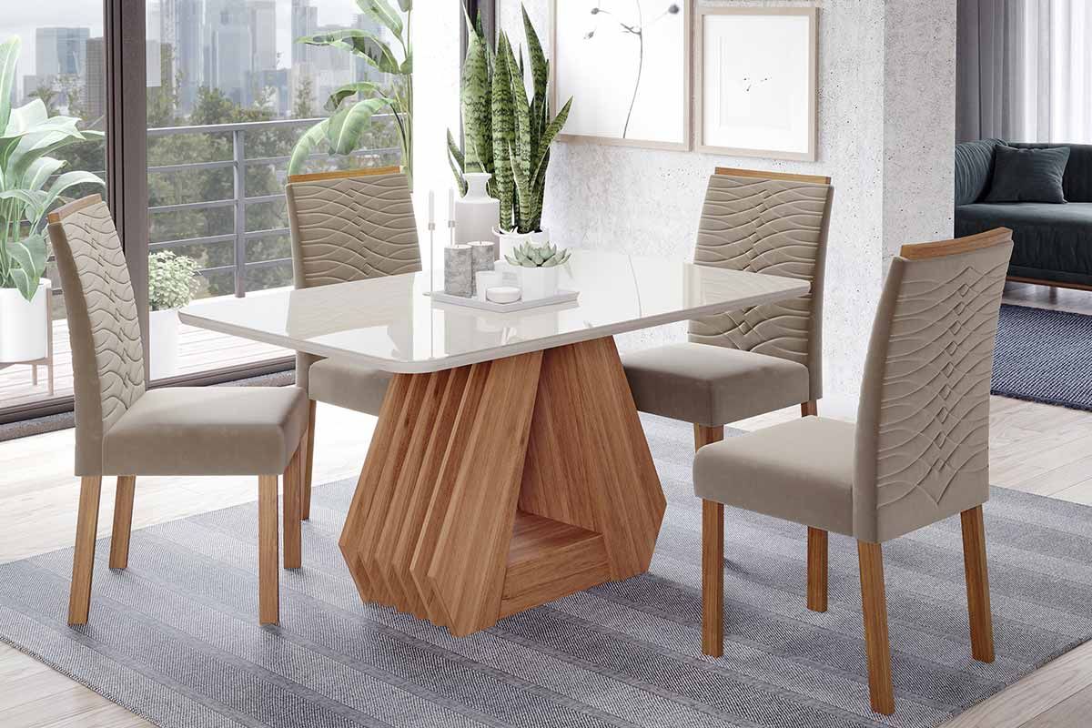 Sala Jantar Mesa Ágata Tampo Madeirado c/ Vidro 130x80cm e 4 Cadeiras Clarice - Cimol