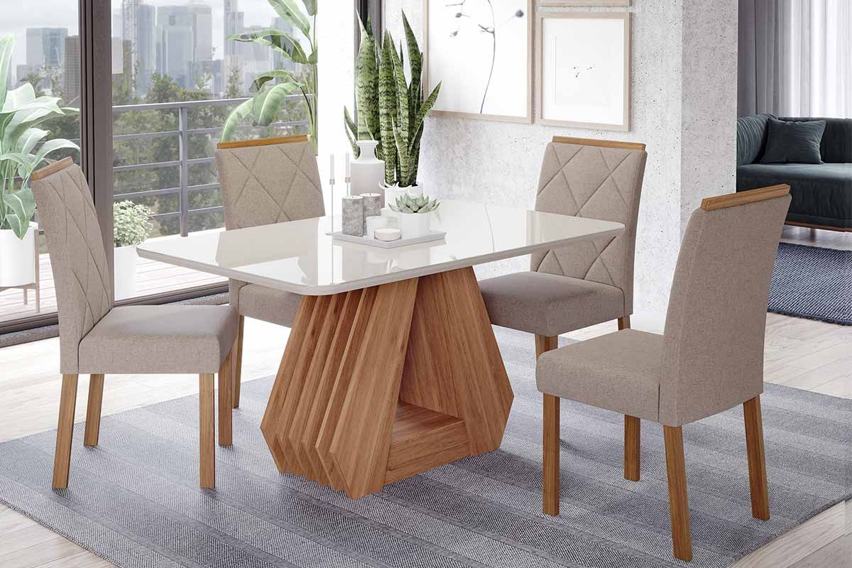 Sala Jantar Mesa Ágata Tampo Madeirado c/ Vidro 130x80cm e 4 Cadeiras Fernanda - Cimol