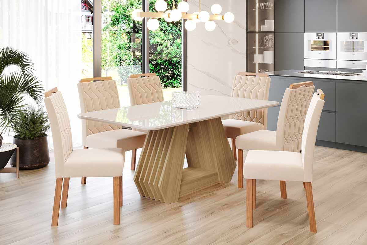 Sala Jantar Mesa Ágata Tampo Madeirado c/ Vidro 180x90cm e 6 Cadeiras Paola - Cimol