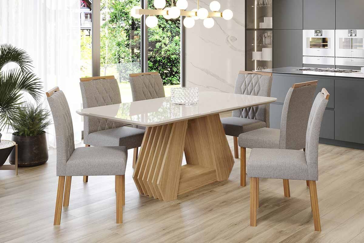 Sala Jantar Mesa Ágata Tampo Madeirado c/ Vidro 180x90cm e 6 Cadeiras Juliana - Cimol