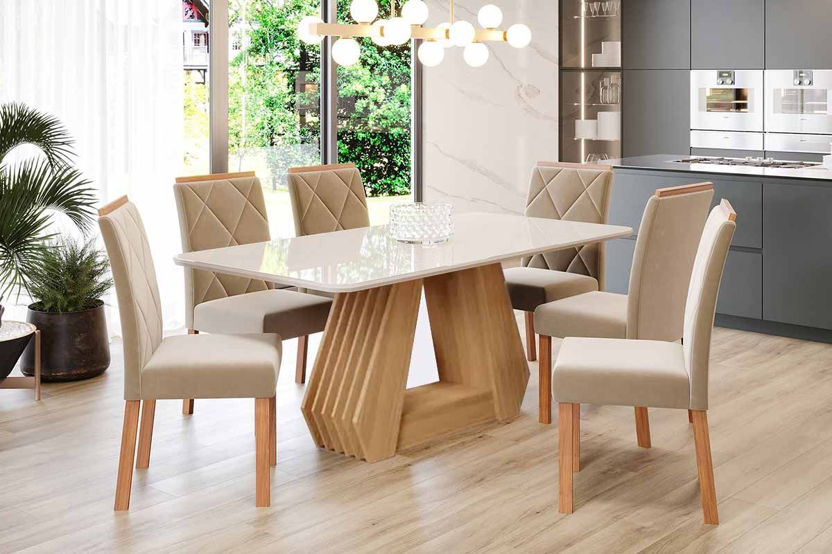 Sala Jantar Mesa Ágata Tampo Madeirado c/ Vidro 180x90cm e 6 Cadeiras Fernanda - Cimol