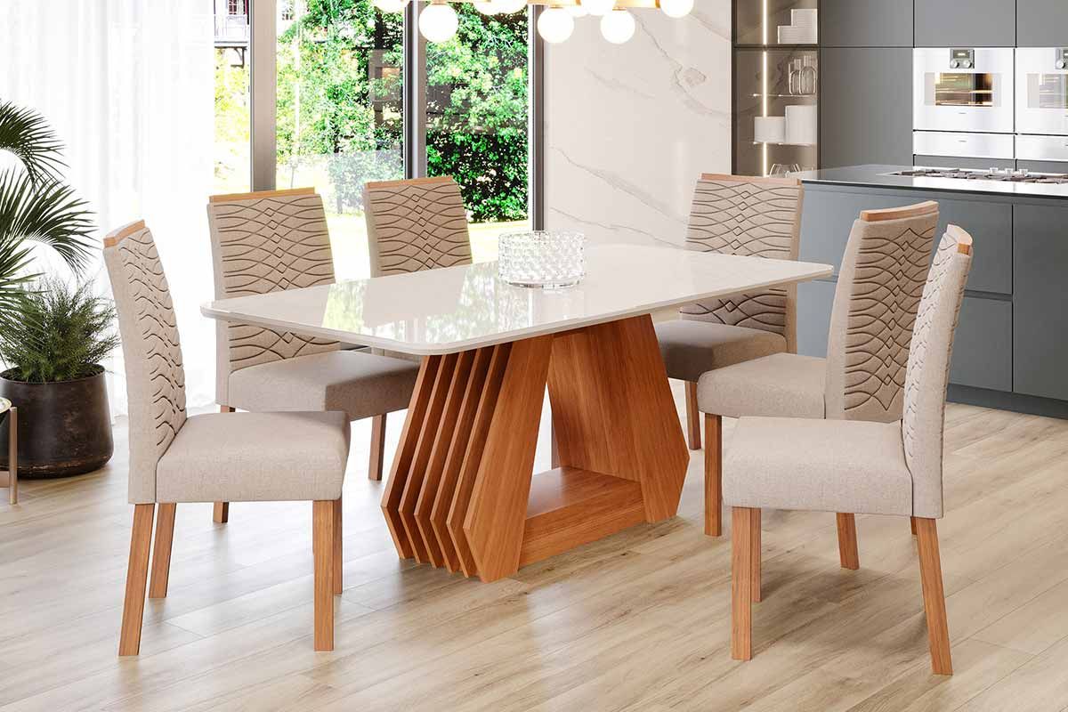 Sala Jantar Mesa Ágata Tampo Madeirado c/ Vidro 180x90cm e 6 Cadeiras Clarice - Cimol