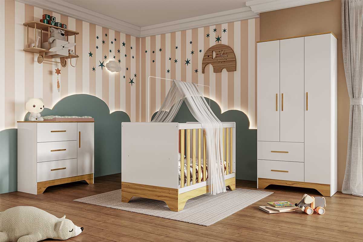 Quarto Infantil Completo Popy 3 Peças (1GuardaRoupa+1Berço+1Cômoda) QI109 Peroba