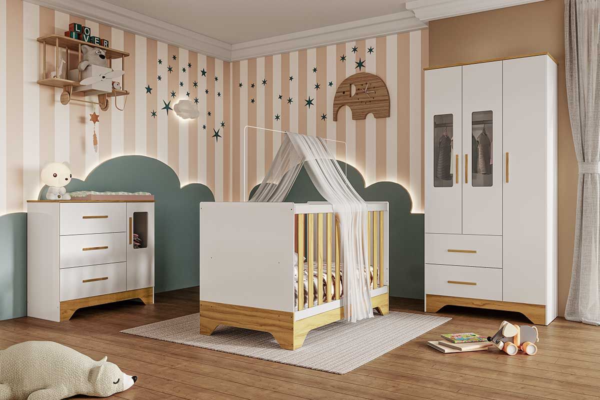 Quarto Infantil Completo Popy 3 Peças (1GuardaRoupa+1Berço+1Cômoda) QI111 Peroba