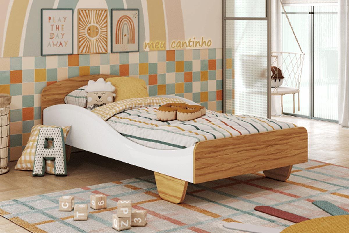 Mini Cama Infantil Sol Branco/Amêndoa - Peroba