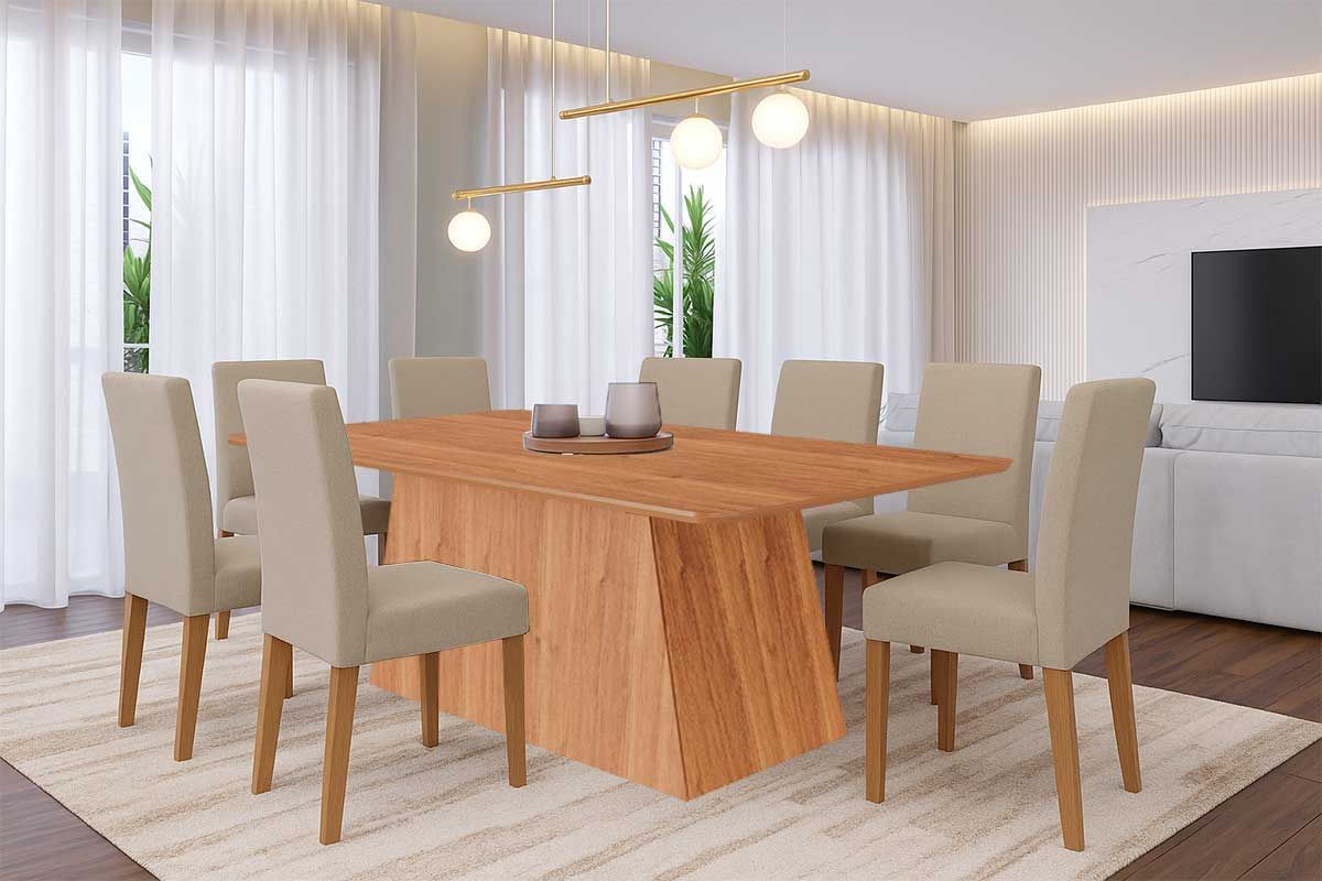 Sala Jantar Mesa Helena Tampo Madeirado 210x100cm e 8 Cadeiras Maia - Cimol