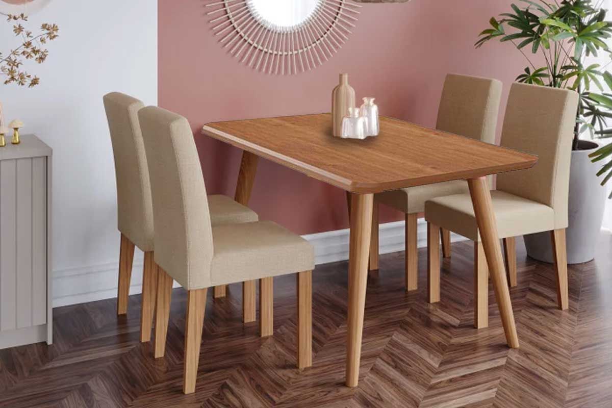 Sala Jantar Mesa Adele Tampo Madeirado 130x80cm e 4 Cadeiras Maia - Cimol