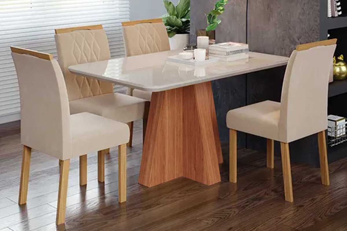 Sala Jantar Mesa Maitê Tampo Madeirado c/ Vidro 130x80cm e 4 Cadeiras Juliana - Cimol