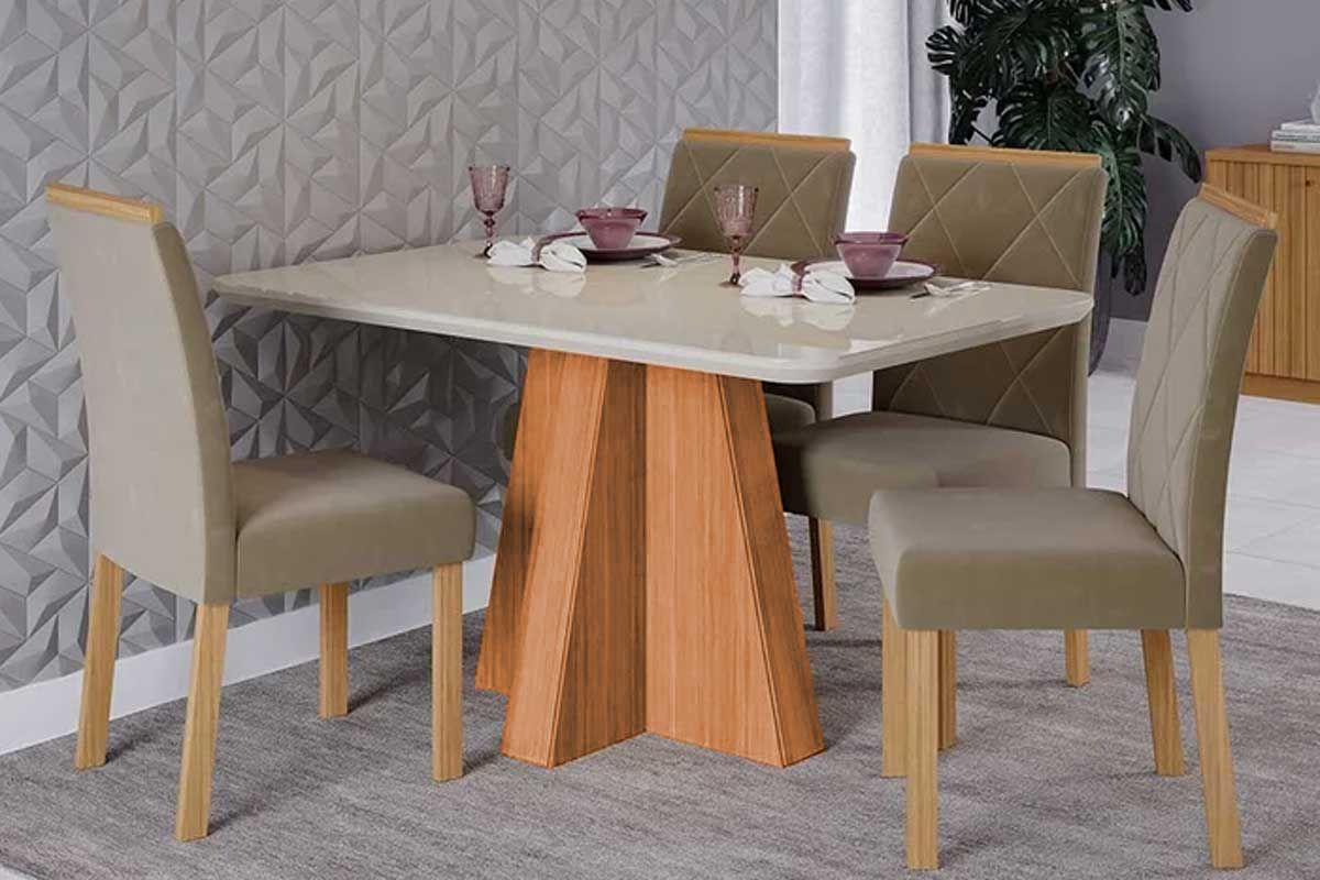Sala Jantar Mesa Maitê Tampo Madeirado c/ Vidro 130x80cm e 4 Cadeiras Fernanda - Cimol