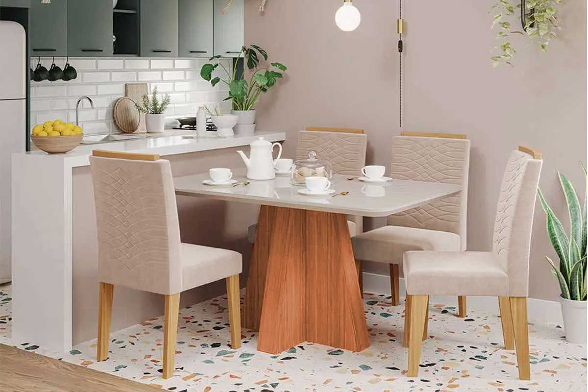 Sala Jantar Mesa Maitê Tampo Madeirado c/ Vidro 130x80cm e 4 Cadeiras Clarice - Cimol