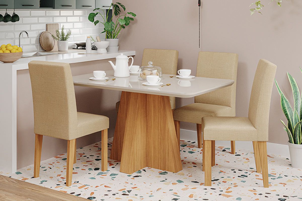 Sala Jantar Mesa Maitê Tampo Madeirado c/ Vidro 130x80cm e 4 Cadeiras Maia - Cimol