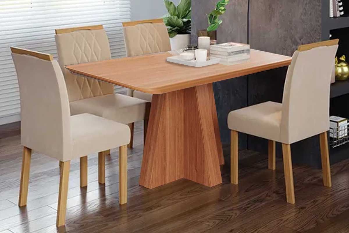 Sala Jantar Mesa Maitê Tampo Madeirado 130x80cm e 4 Cadeiras Juliana - Cimol