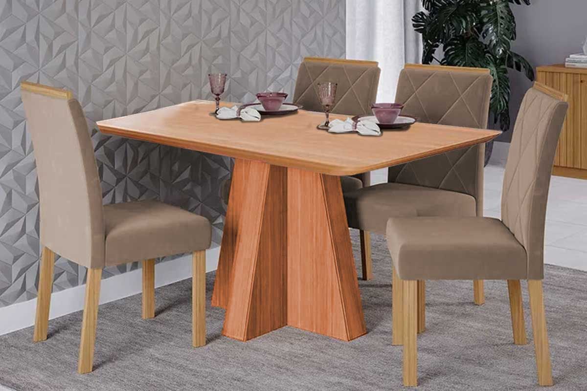 Sala Jantar Mesa Maitê Tampo Madeirado 130x80cm e 4 Cadeiras Fernanda - Cimol