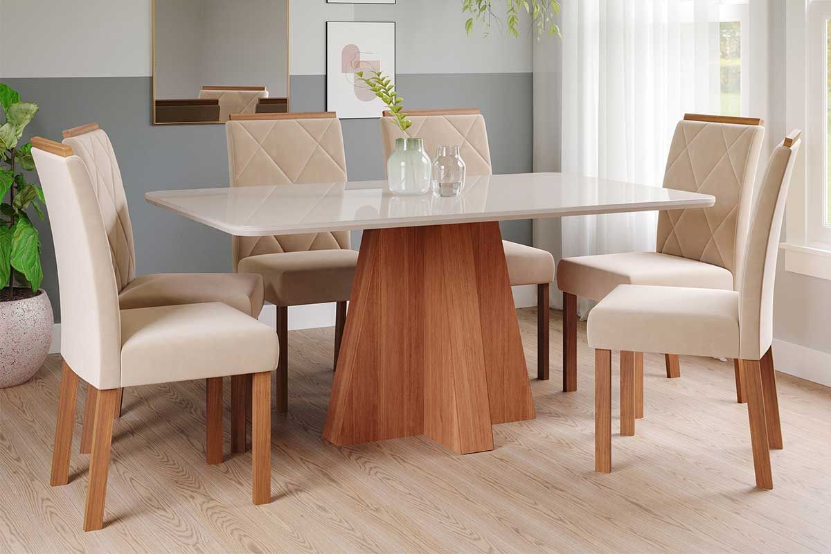 Sala Jantar Mesa Maitê Tampo Madeirado c/ Vidro 160x80cm e 6 Cadeiras Fernanda - Cimol
