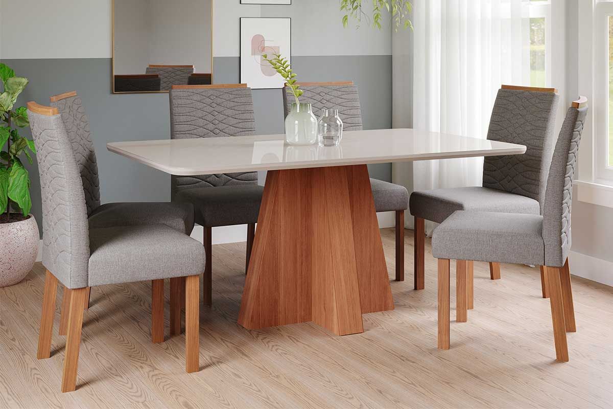 Sala Jantar Mesa Maitê Tampo Madeirado c/ Vidro 160x80cm e 6 Cadeiras Clarice - Cimol