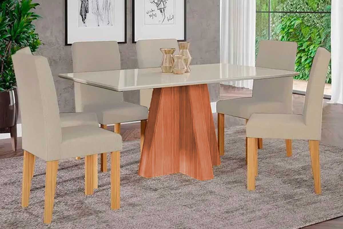 Sala Jantar Mesa Maitê Tampo Madeirado c/ Vidro 160x80cm e 6 Cadeiras Maia - Cimol