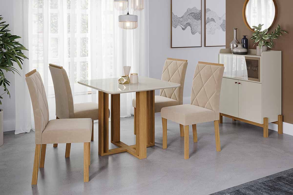 Sala Jantar Mesa Flora Tampo Madeirado c/ Vidro 95x95cm e 4 Cadeiras Fernanda - Cimol