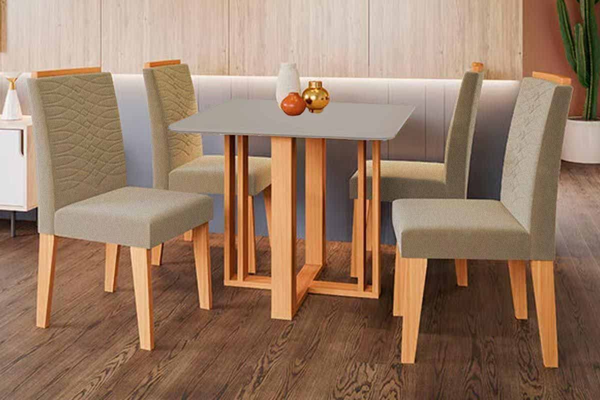Sala Jantar Mesa Flora Tampo Madeirado c/ Vidro 95x95cm e 4 Cadeiras Clarice - Cimol