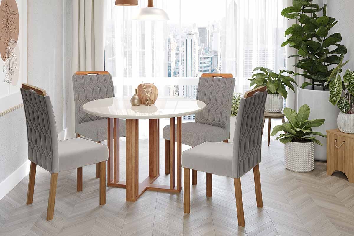Sala Jantar Mesa Flora Tampo Madeirado c/ Vidro 109cm e 4 Cadeiras Paola - Cimol