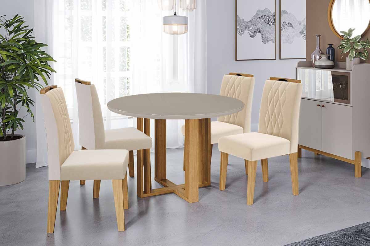 Sala Jantar Mesa Flora Tampo Madeirado c/ Vidro 109cm e 4 Cadeiras Juliana - Cimol
