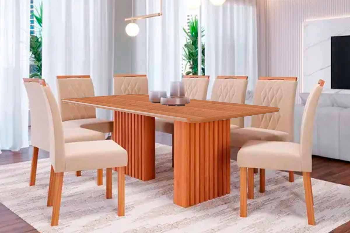 Sala Jantar Mesa Ester Tampo Madeirado 210x100cm e 8 Cadeiras Paola - Cimol