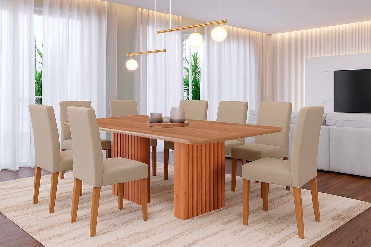 Sala Jantar Mesa Ester Tampo Madeirado 210x100cm e 8 Cadeiras Maia - Cimol