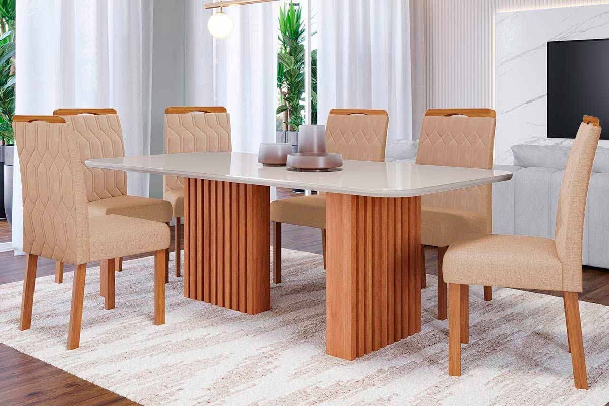 Sala Jantar Mesa Ester Tampo Madeirado c/ Vidro 180x90cm e 6 Cadeiras Paola - Cimol
