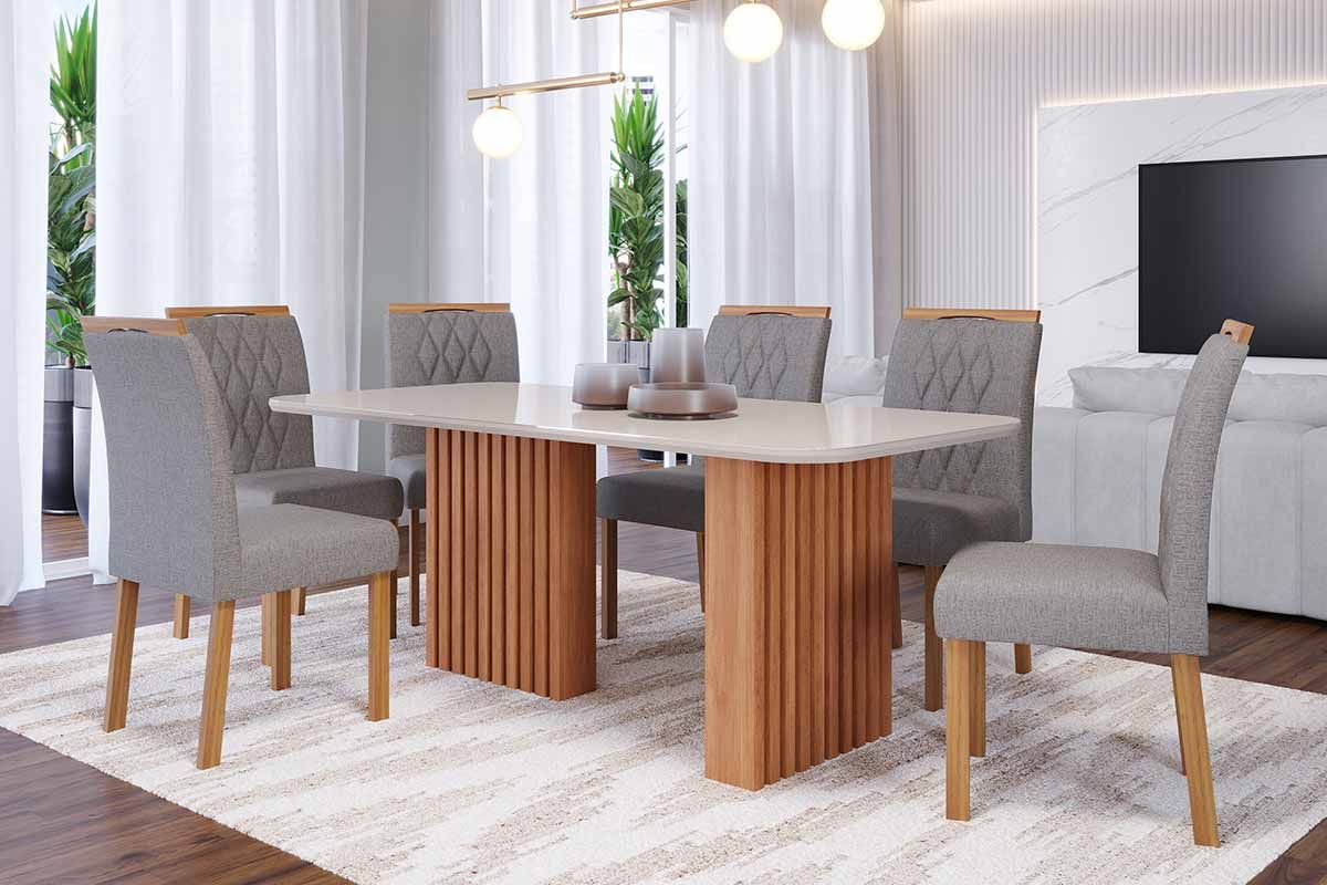 Sala Jantar Mesa Ester Tampo Madeirado c/ Vidro 180x90cm e 6 Cadeiras Juliana - Cimol