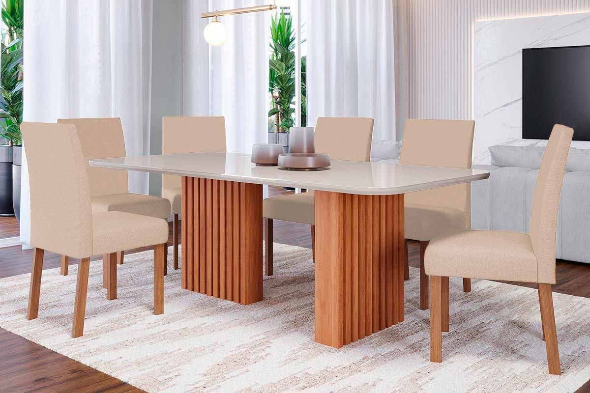Sala Jantar Mesa Ester Tampo Madeirado c/ Vidro 180x90cm e 6 Cadeiras Maia - Cimol