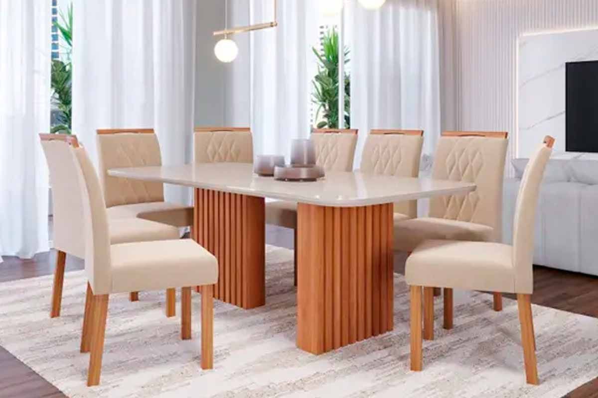 Sala Jantar Mesa Ester Tampo Madeirado c/ Vidro 210x100cm e 8 Cadeiras Juliana - Cimol