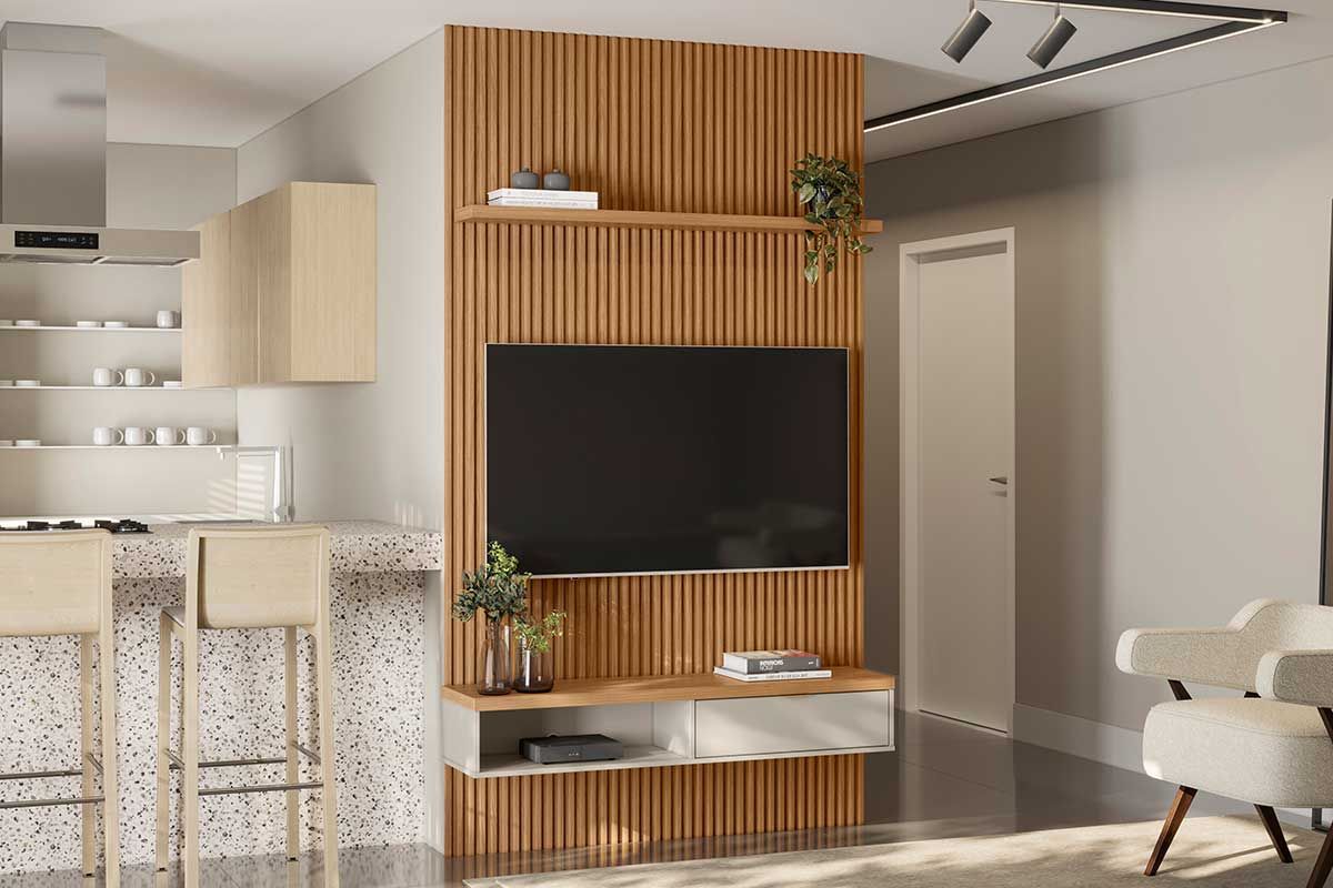 Home p/ TV até 60 Pol Modular 1.4 Ripado c/1 Portas 1 Prat. 141x250cm Linea Brasil
