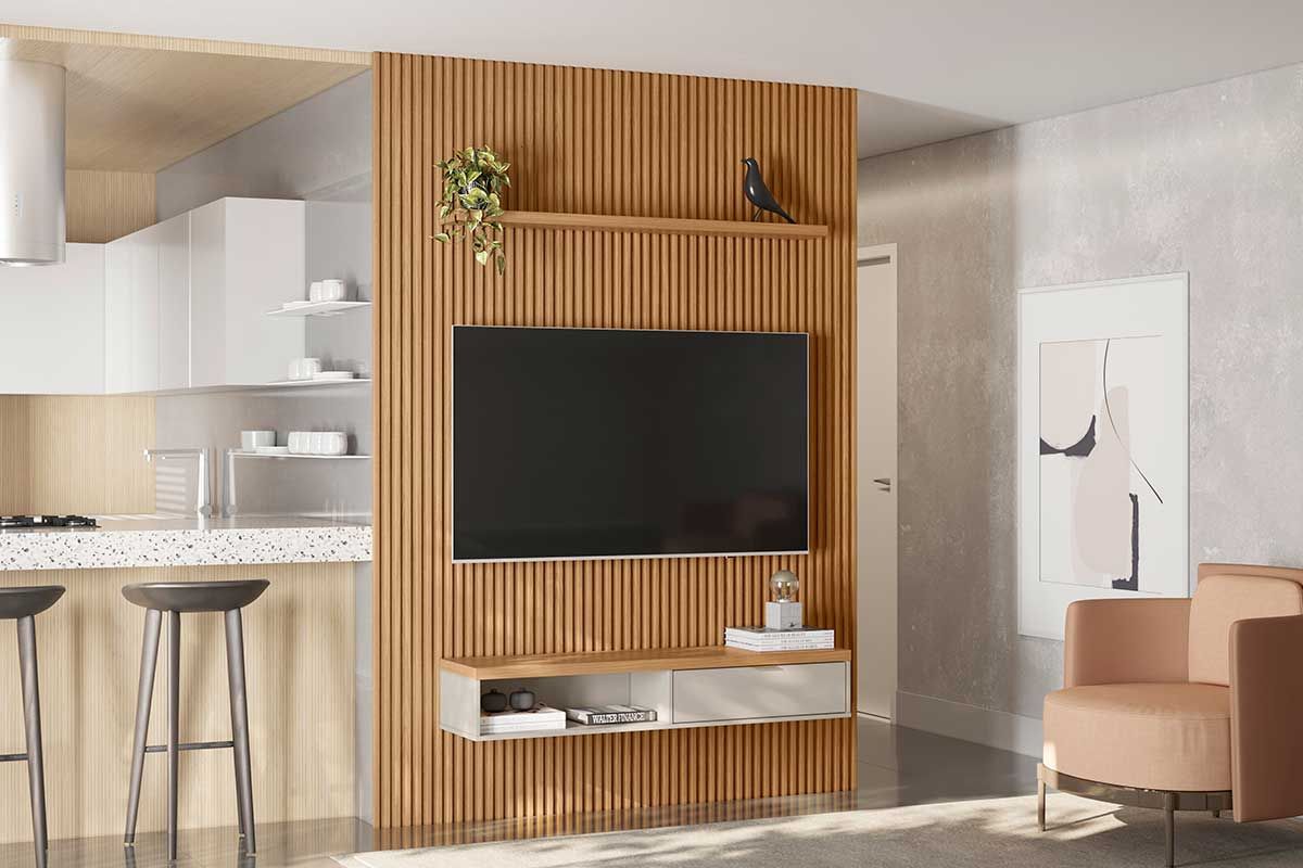 Home p/ TV até 85 Pol Modular 2.2 Ripado c/1 Porta 1 Prat. 219x250cm Nature/Off White Linea Brasil