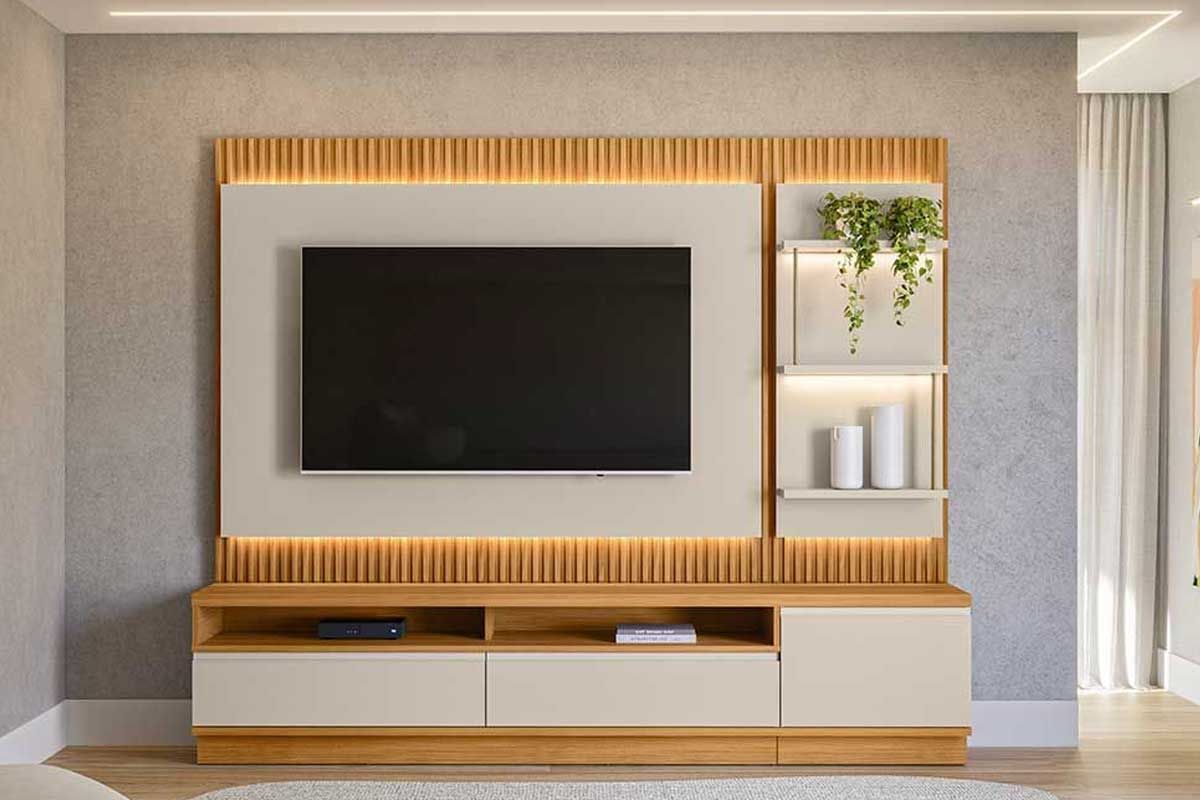 Home p/ TV até 70 Pol São Paulo Ripado c/1 Pta 2Gav 3 Prateleiras e Leds 238x198cm Linea Brasil