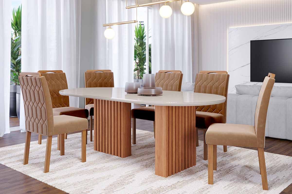 Sala Jantar Mesa Ester Tampo Madeirado Oval c/ Vidro 210x100cm e 6 Cadeiras Paola - Cimol
