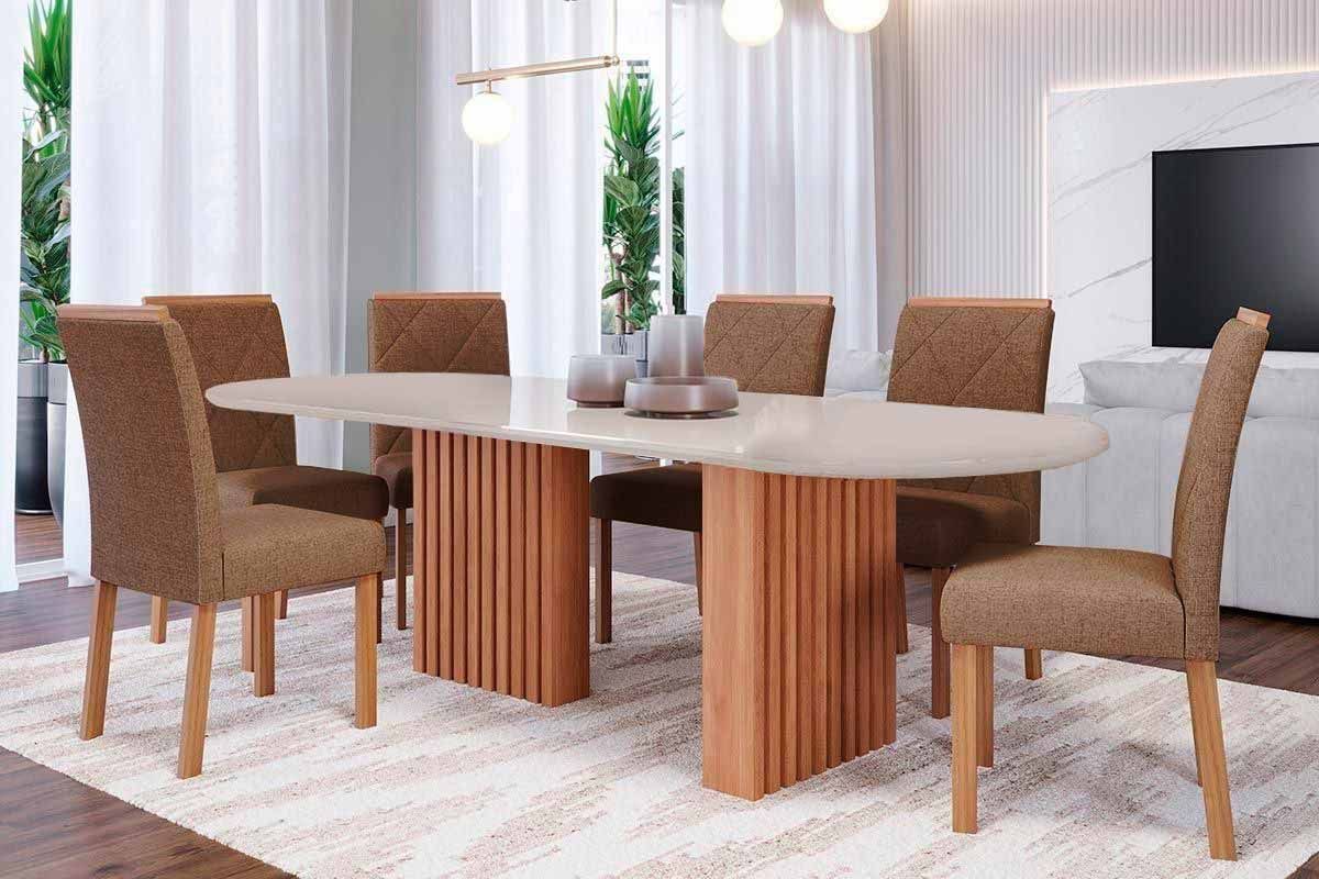 Sala Jantar Mesa Ester Tampo Madeirado Oval c/ Vidro 210x100cm e 6 Cadeiras Juliana - Cimol