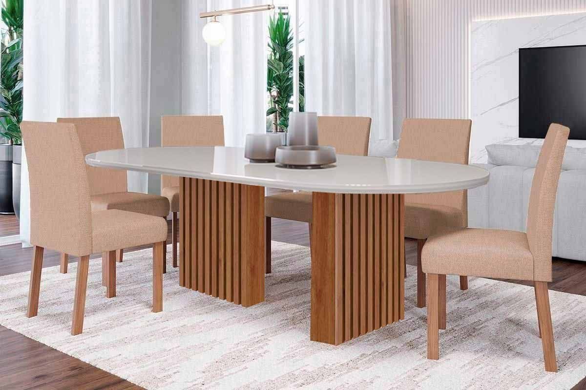 Sala Jantar Mesa Ester Tampo Madeirado Oval c/ Vidro 210x100cm e 6 Cadeiras Maia - Cimol