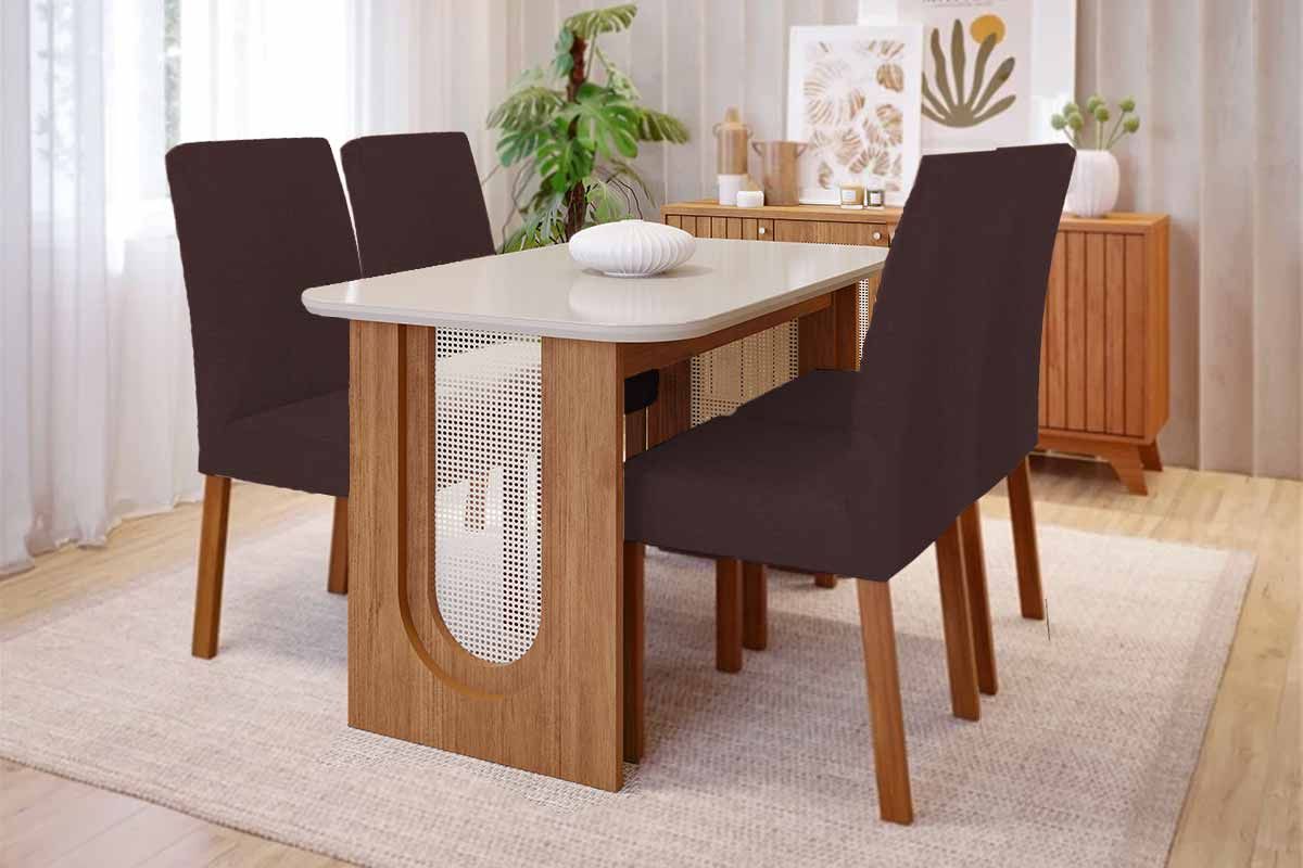 Sala Jantar Mesa Valentina Tampo Madeirado c/ Vidro 130x80cm e 4 Cadeiras Maia - Cimol