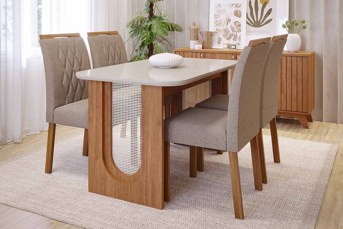 Sala Jantar Mesa Valentina Tampo Madeirado c/ Vidro 130x80cm e 4 Cadeiras Juliana - Cimol