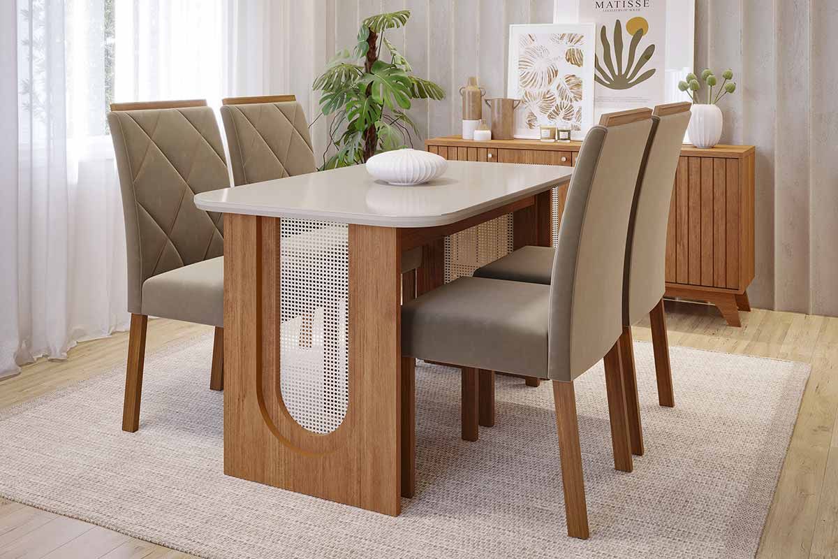 Sala Jantar Mesa Valentina Tampo Madeirado c/ Vidro 130x80cm e 4 Cadeiras Fernanda - Cimol