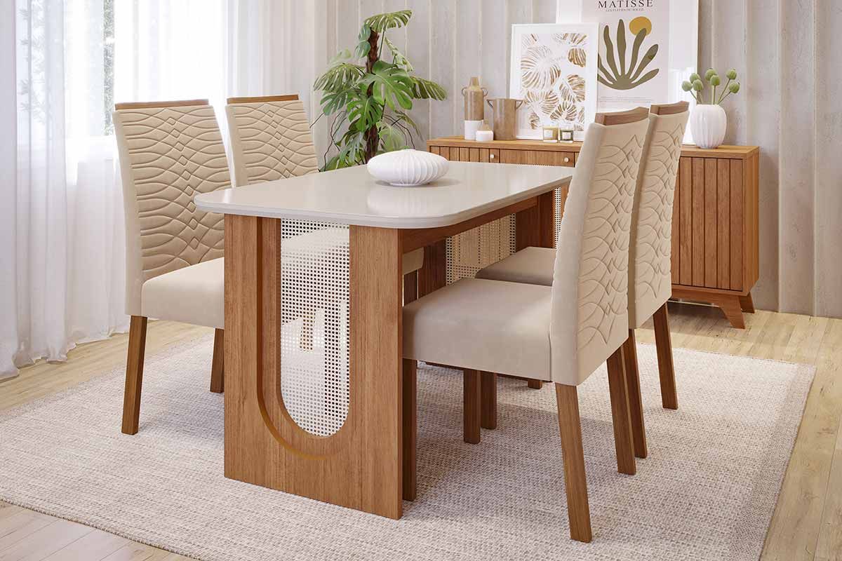 Sala Jantar Mesa Valentina Tampo Madeirado c/ Vidro 130x80cm e 4 Cadeiras Clarice - Cimol