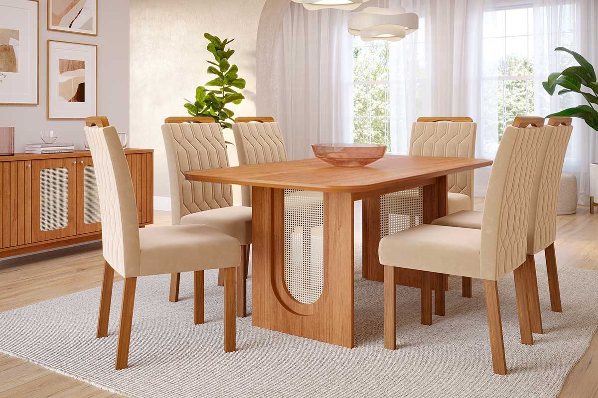 Sala Jantar Mesa Valentina Tampo Madeirado 180x90cm e 6 Cadeiras Paola - Cimol